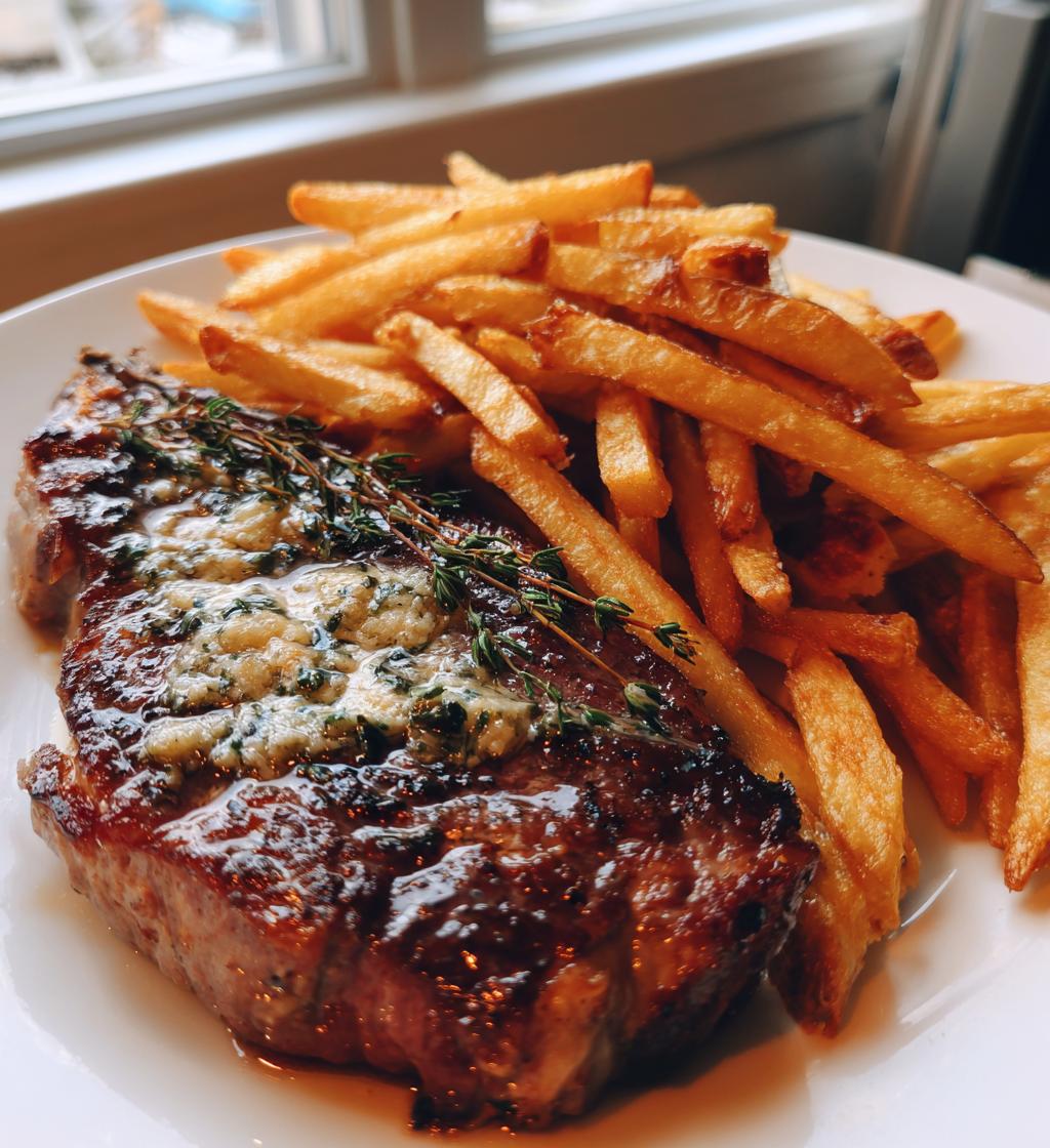 Tender ribeye steak in aromatic garlic butter with crispy fries - detail 1