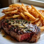 Tender ribeye steak in aromatic garlic butter with crispy fries