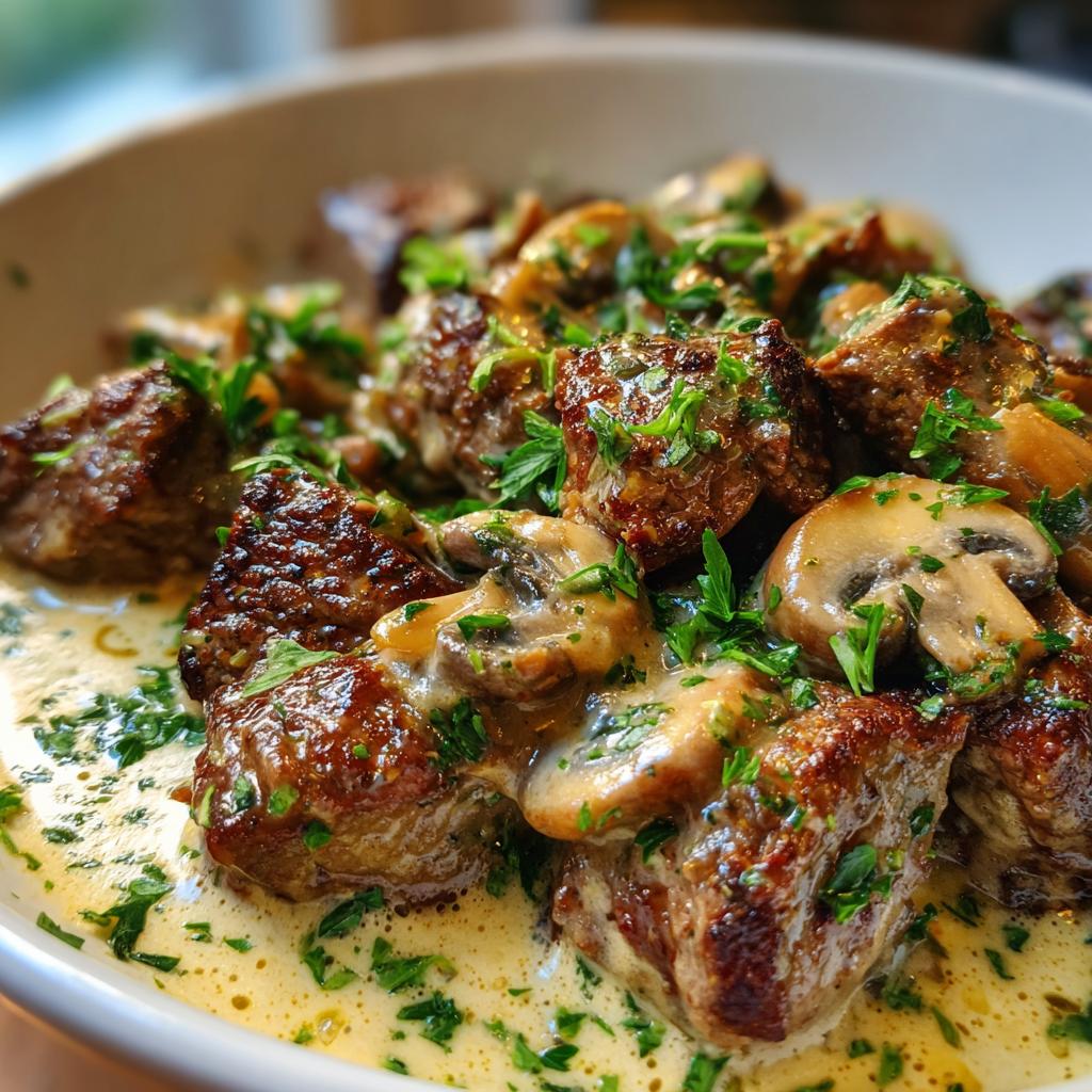 Tender steak bites in creamy garlic mushroom sauce - detail 1