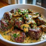 Tender steak bites in creamy garlic mushroom sauce