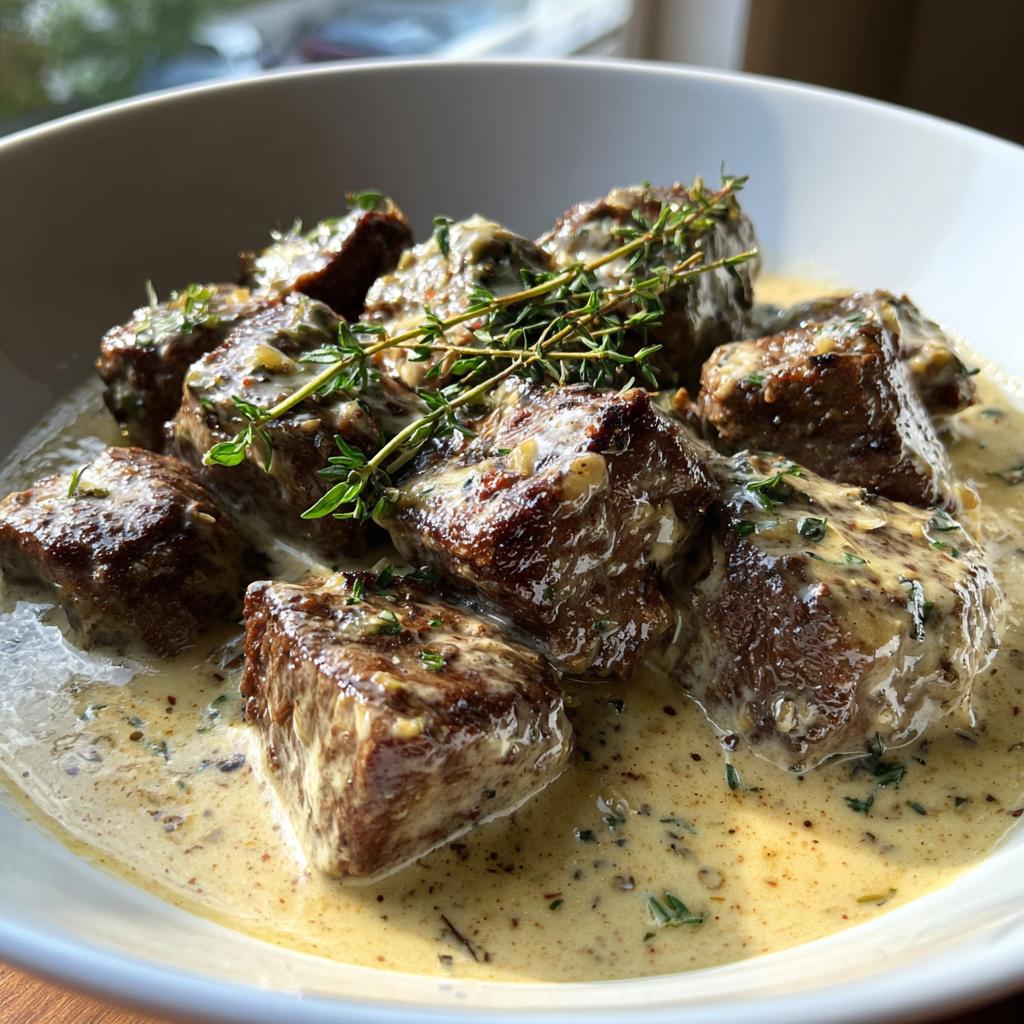 Tender steak cubes in tempting parmesan cream sauce - detail 1