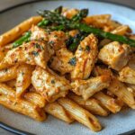 Zesty Greek Chicken Pasta with Spicy Harissa Feta Cream & Roasted Asparagus Crisps