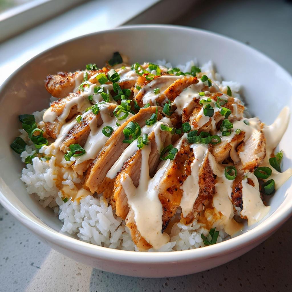 Chicken and Rice Bowls with Creamy Garlic Sauce