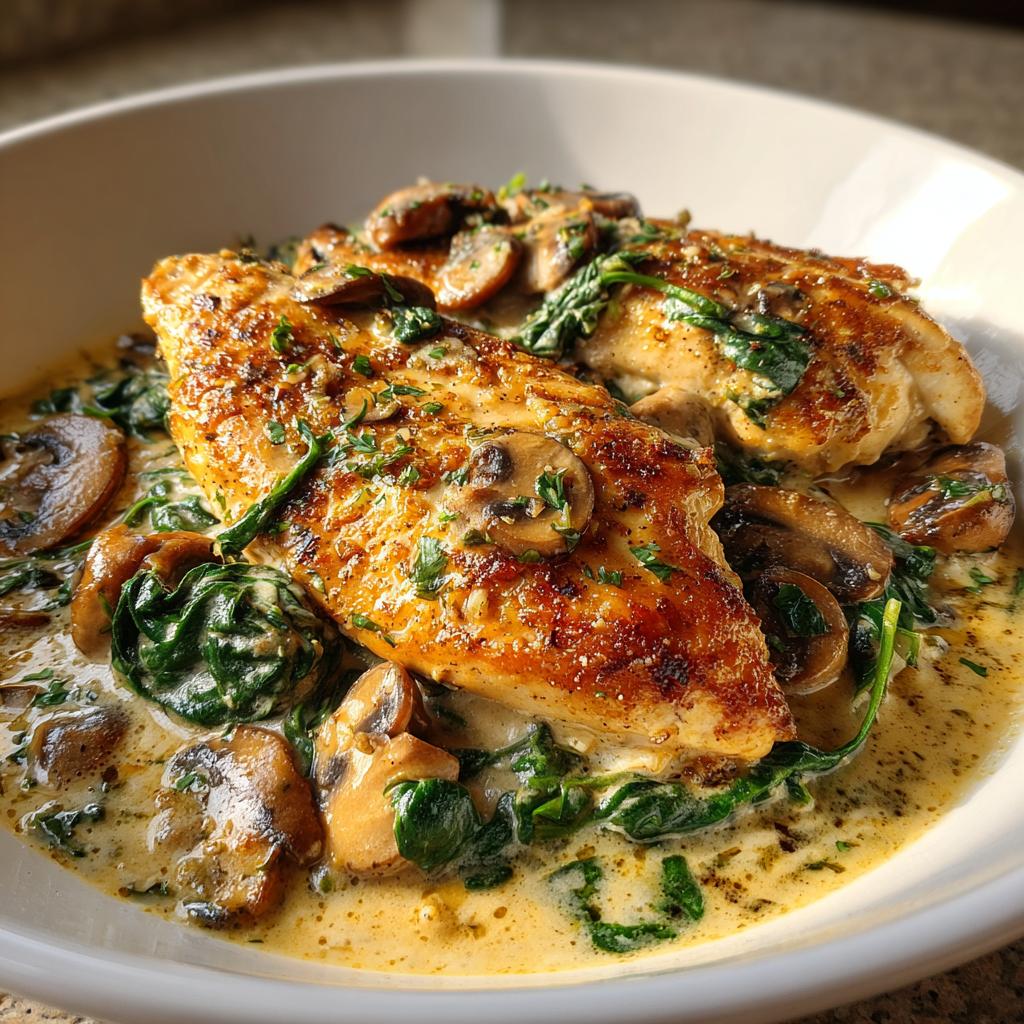 Chicken with Spinach & Mushrooms in Parmesan Cream Sauce