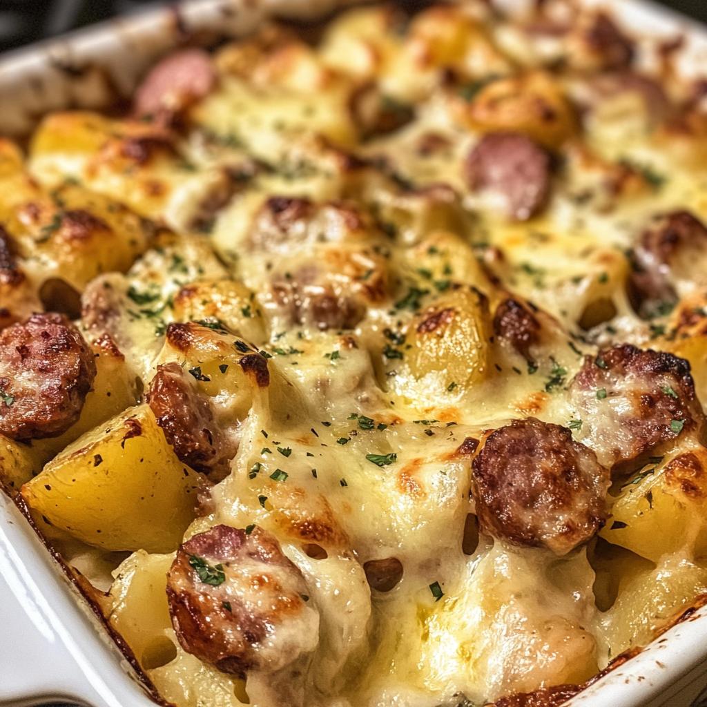 Gerookte worst- en aardappelovenschotel met kaas