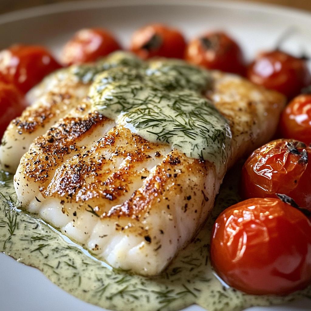 Grilled Cod with Roasted Tomatoes & Creamy Dill Sauce