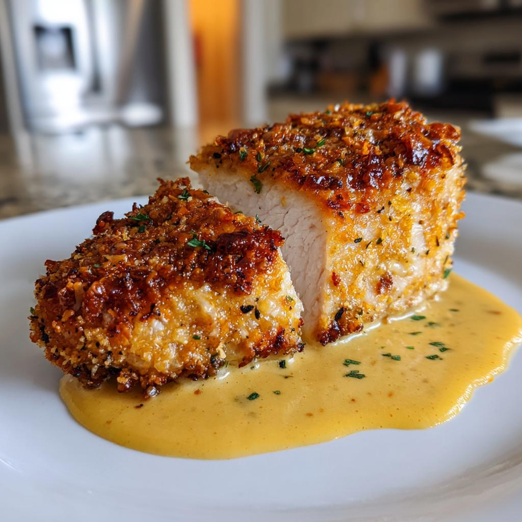 Kip met pretzelkorst en romige mosterd-cheddarsaus