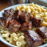 Knoflookboter biefstukblokjes met romige Alfredo pasta