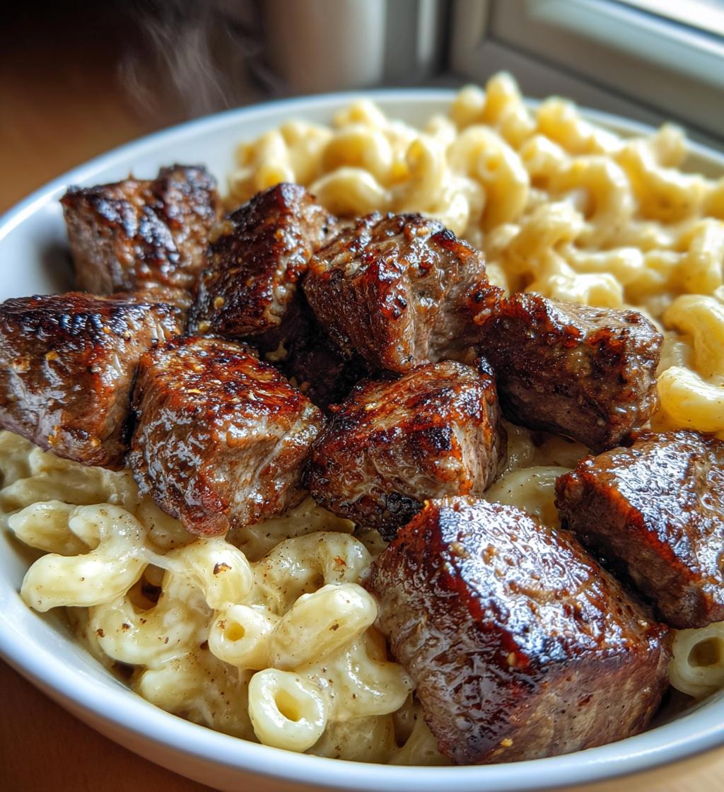 Knoflookboter biefstukblokjes met romige Alfredo pasta