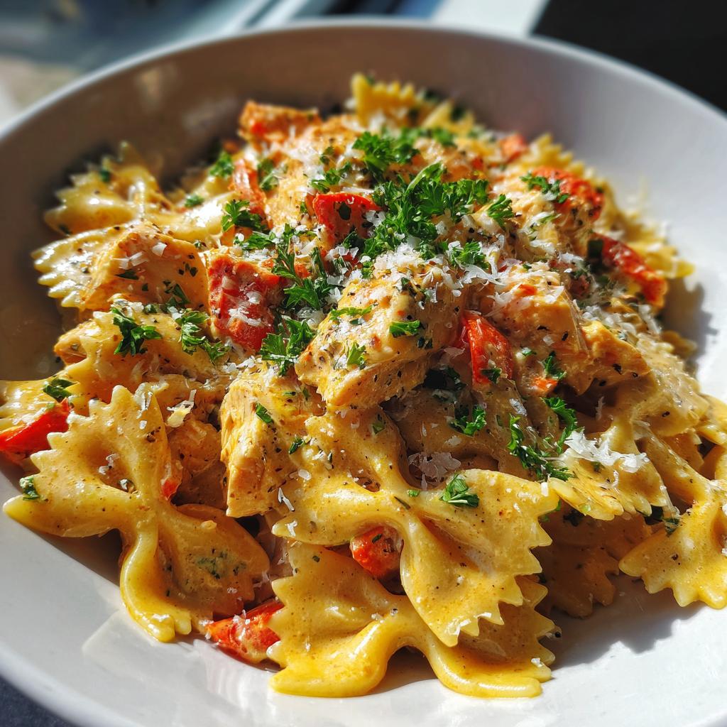 Parmesan Roasted Red Pepper Chicken Bowties in Garlic Cream