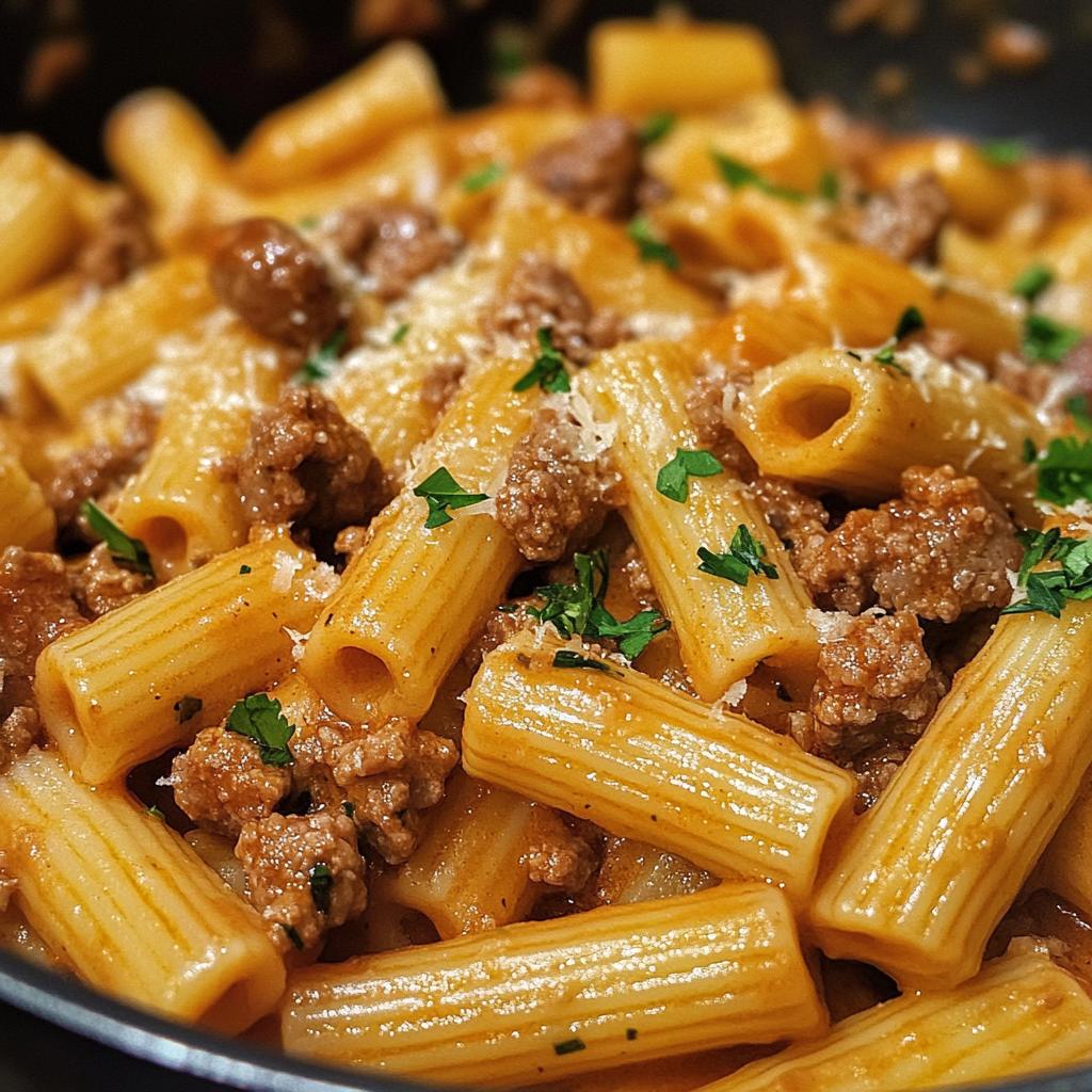 Romige rigatoni met rundvlees en Italiaanse worst in knoflookbotersaus