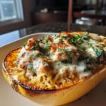 Romige spaghetti pompoen gevuld met spinazie en champignons