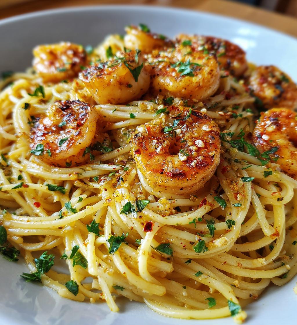 Knoflookboter garnalen met pasta