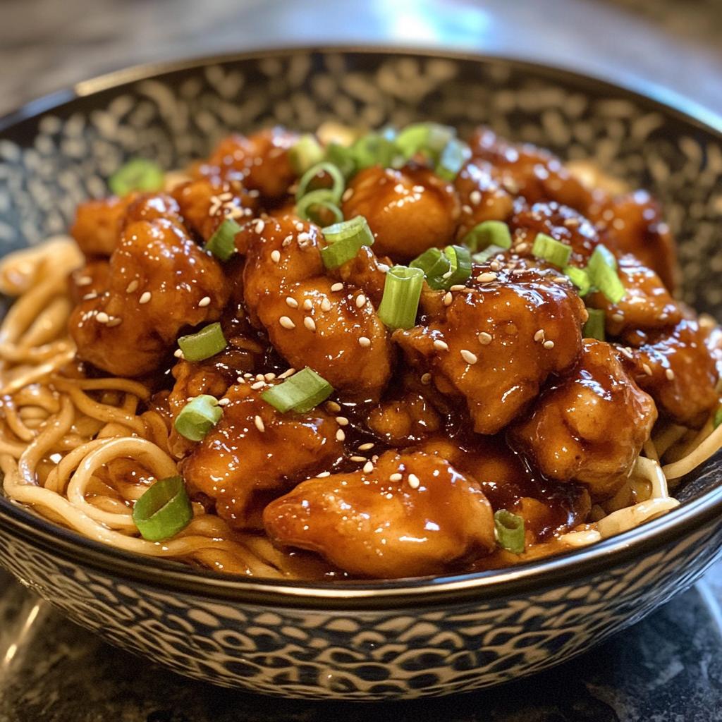Sticky garlic chicken met noedels