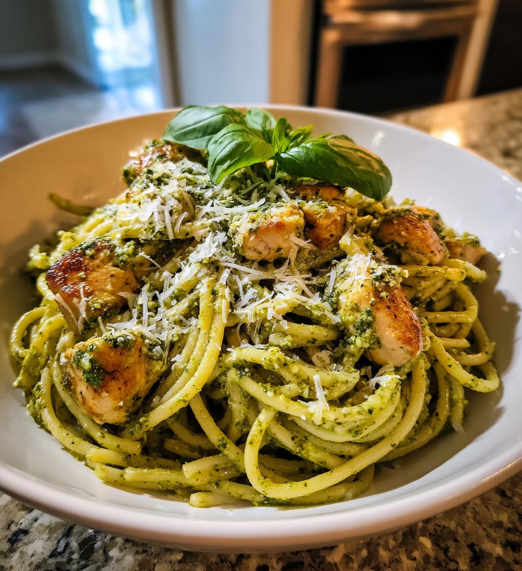 25 minuten heerlijke pasta met groene pesto en kip