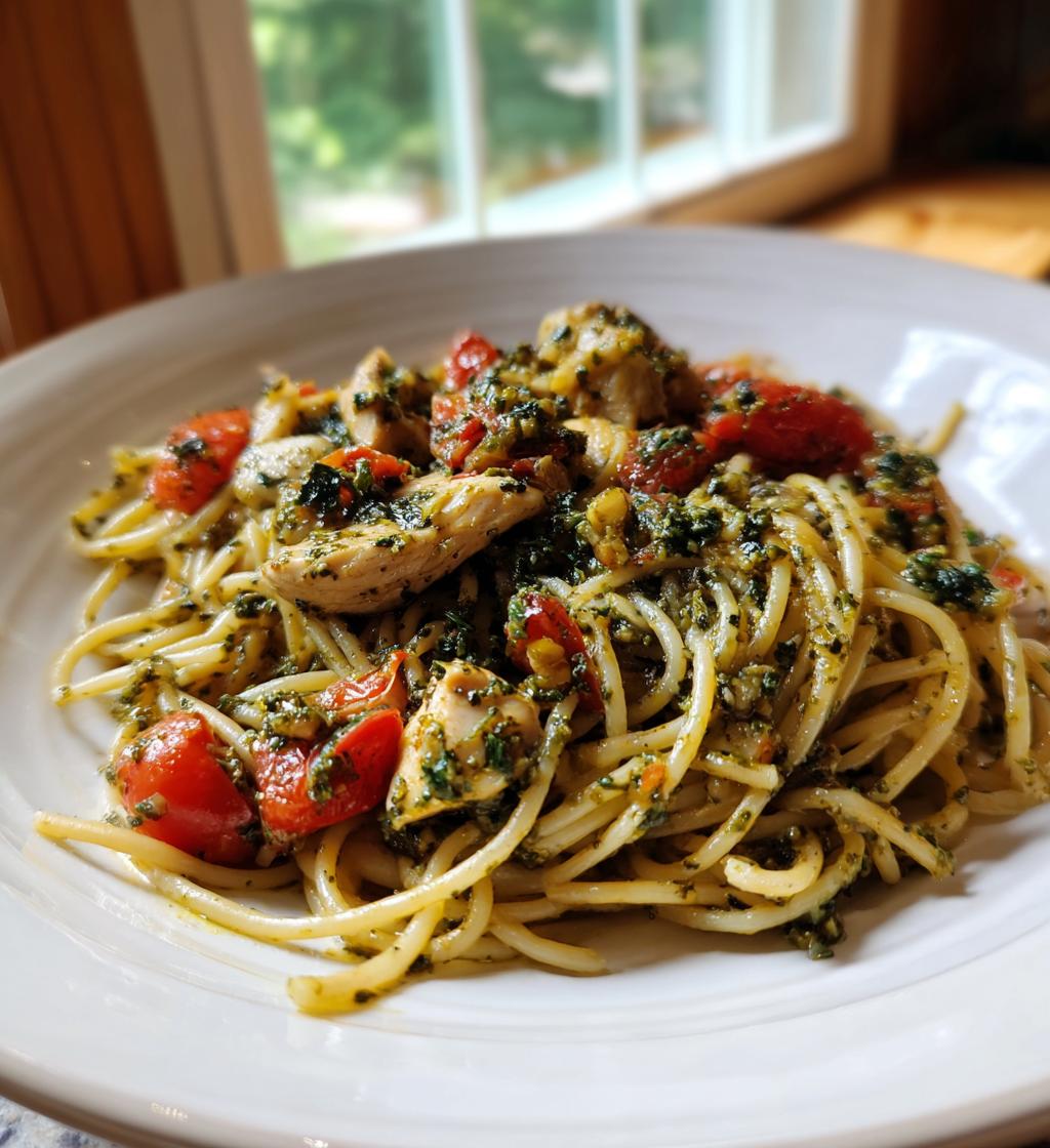 Smakelijke pasta pesto met kip en tomaat in 25 minuten