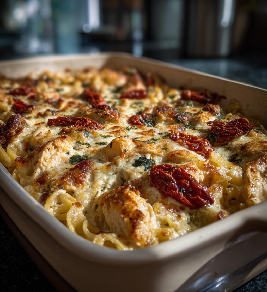 Romige Tuscan chicken pasta casserole in 50 minuten