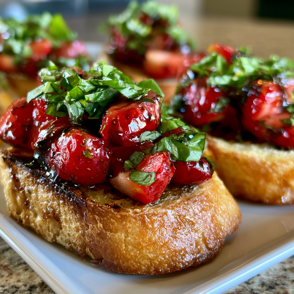 Aardbei basilicum bruschetta met 5 perfect gegrilde sneetjes