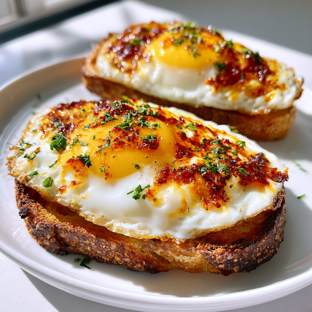 Chili crisp gebakken eieren op toast met 10 minuten voorbereiding