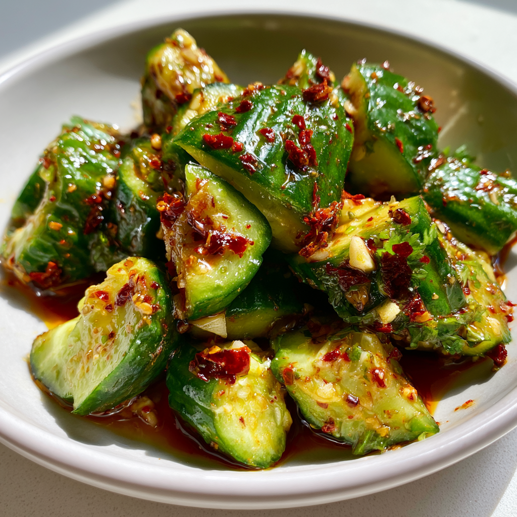 Geplette komkommersalade met chiliolie: 10 Minuten voor de Perfecte Crunch