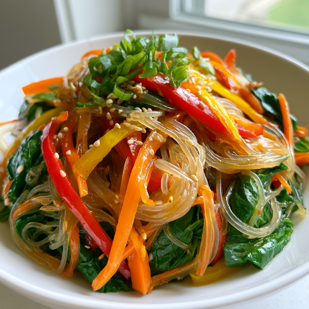 Koreaanse japchae glasnoedelsalade met 5 perfecte ingrediënten