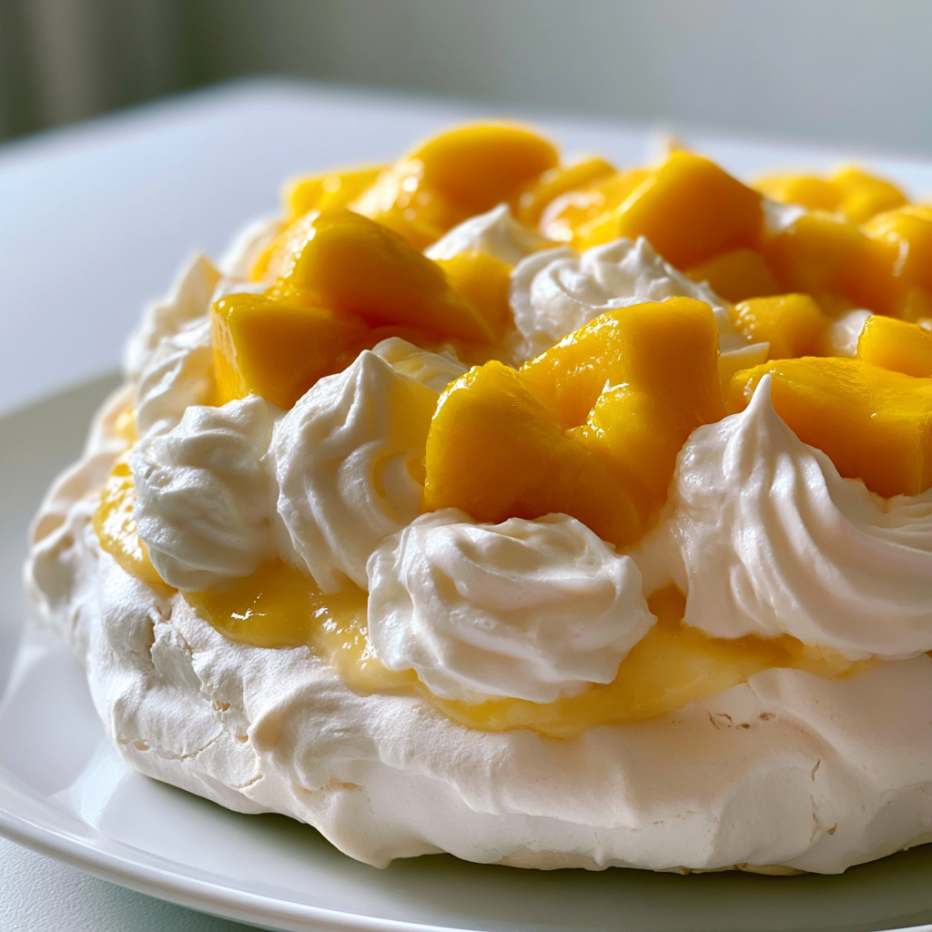 Mango passievrucht pavlova met 1 perfect luchtige laag