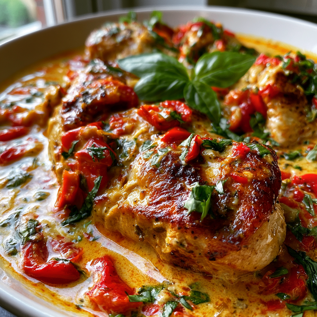 Romige geroosterde paprika kip in 30 minuten: Perfect voor doordeweeks