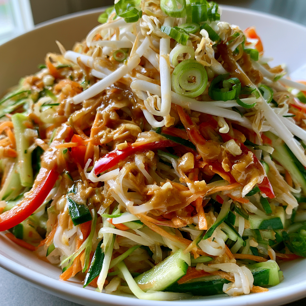Thaise pindanoedelsalade met 1 perfect krokante topping